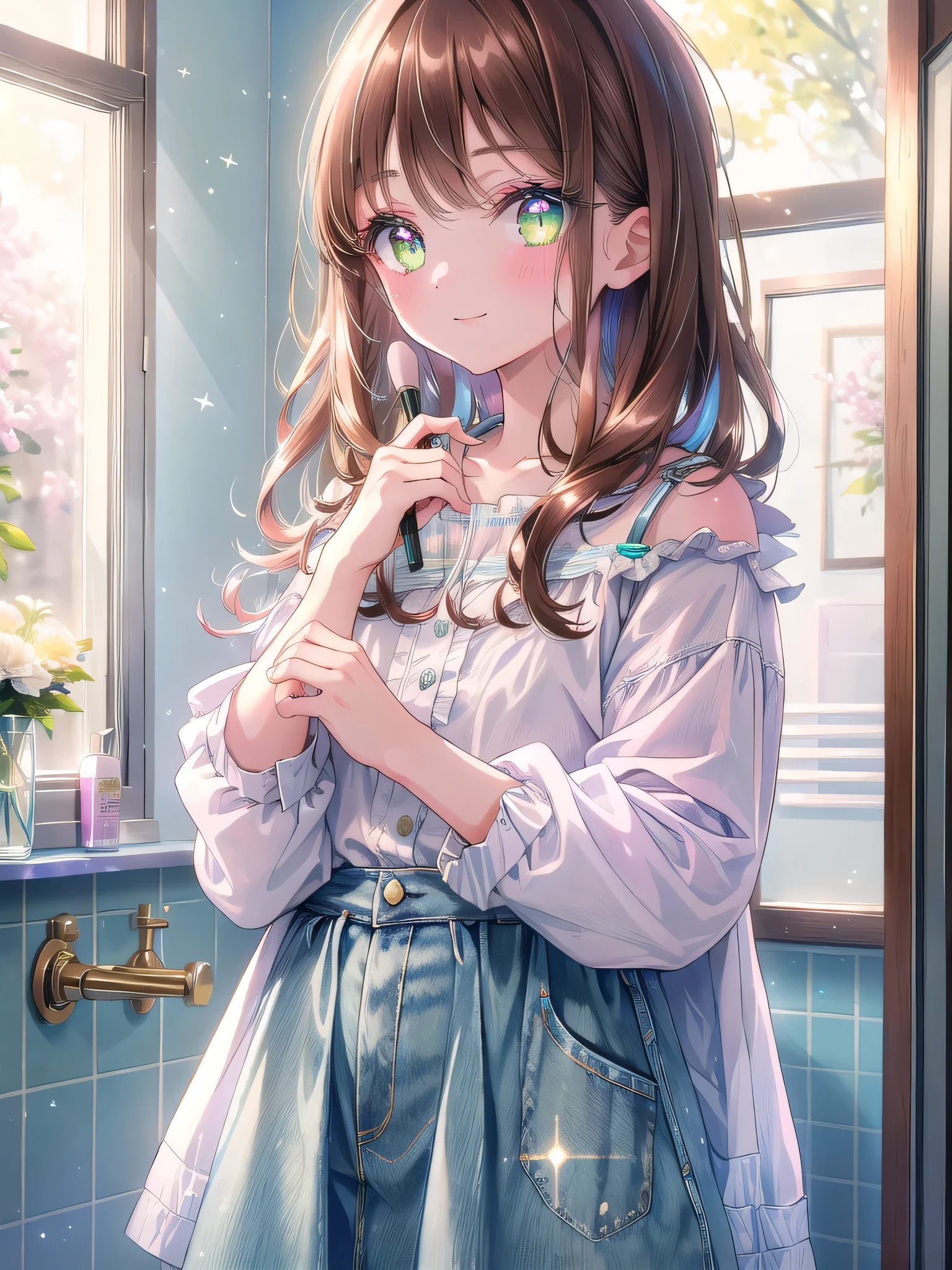 ((8k, Highest quality, masterpiece: 1.3)),Ultra-high resolution,(1 girl, alone), (Color changing eyes, Ultra-detailed, Expressive brilliance, Glitter, Glowing Eyes), Highly detailed eyes, Highly detailed face, Random Hair, ((pastel colour))The woman, with straight, shoulder-length dark brown hair, is standing in front of the bathroom mirror, applying makeup. She’s dressed in a casual white blouse tucked into light blue jeans, her expression focused yet calm. The bathroom is brightly lit, with a neat, organized counter, and she occasionally glances at the camera with a small, confident smile. Her green eyes reflect the determination of starting the day right, capturing the everyday routine of getting ready.