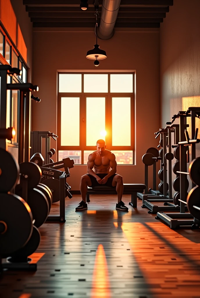 a panoramic image of a gym, man sitting on bench press in the corner, soft sunset light, man is alone, highly detailed, realistic, photorealistic, 8k, HDR, dramatic lighting, cinematic composition, metal plates, clean and organized gym equipment, wood flooring, large windows, sunlight streaming in, muscular man with defined physique, serious expression, comfortable gym attire, focus on details