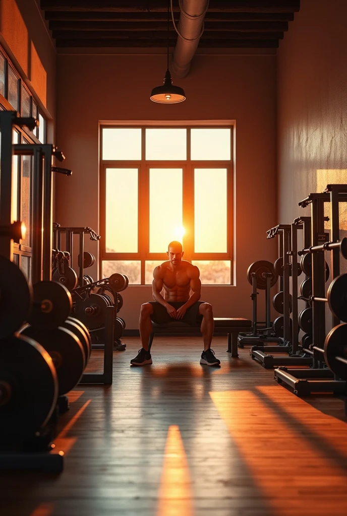 a panoramic image of a gym, man sitting on bench press in the corner, soft sunset light, man is alone, highly detailed, realistic, photorealistic, 8k, HDR, dramatic lighting, cinematic composition, metal plates, clean and organized gym equipment, wood flooring, large windows, sunlight streaming in, muscular man with defined physique, serious expression, comfortable gym attire, focus on details