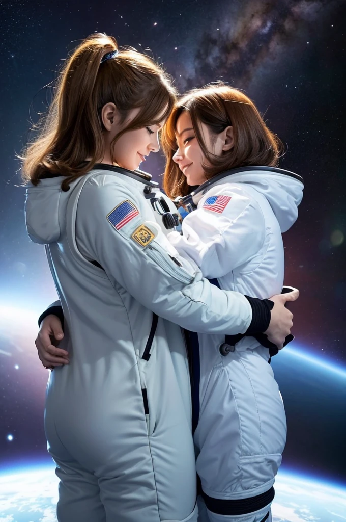 Draw it as if it were a real photo. Generate a side view of a kitten in a spacesuit and a cat in normal clothes standing, hugging each other and looking at each other. They are wearing only spacesuits, no helmets. The background is an airport with a spaceship.