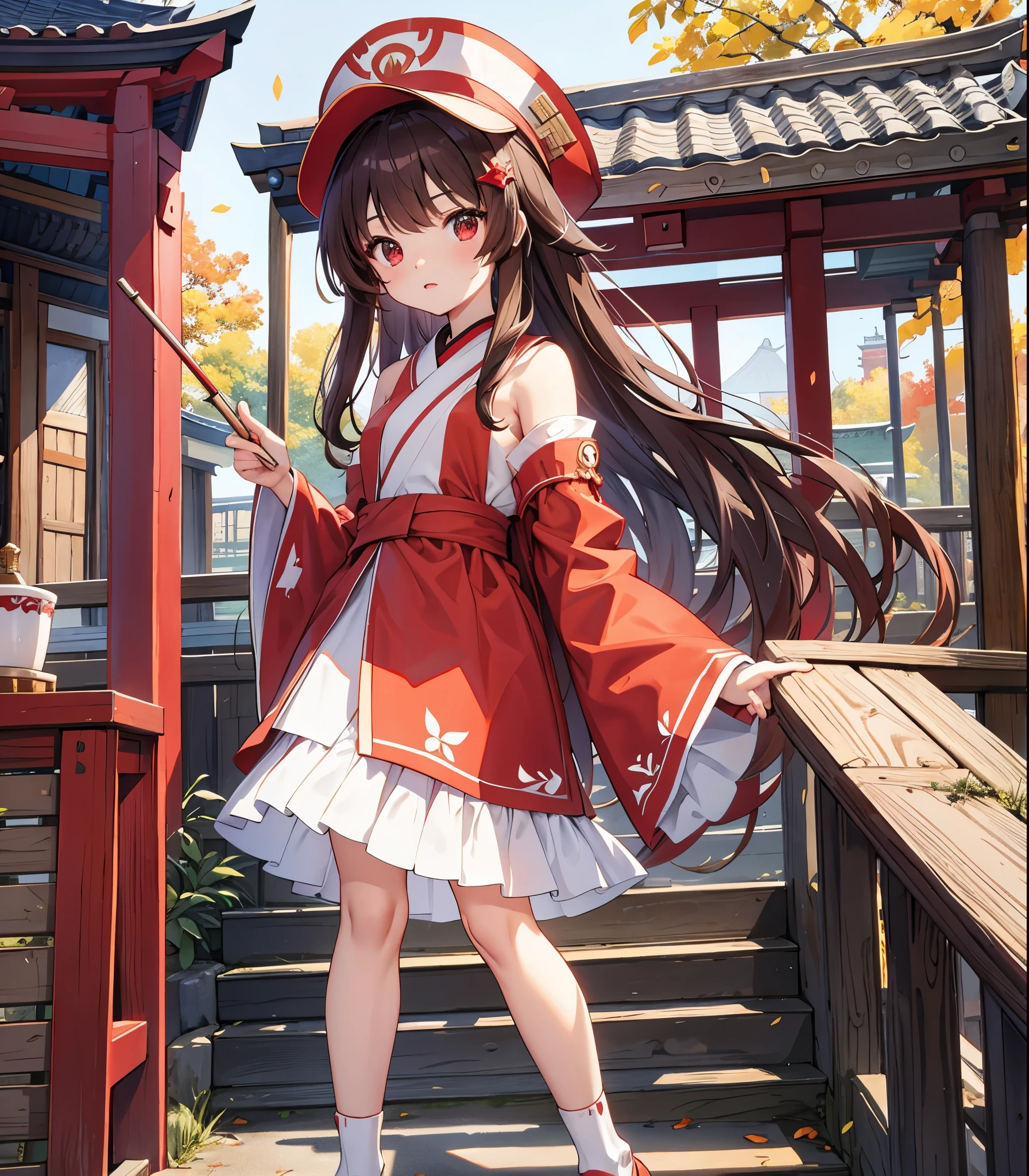 Miko costume、shrine、Stand in front、looking at the camera、Red eyes、Brown Hair、fox耳、fox