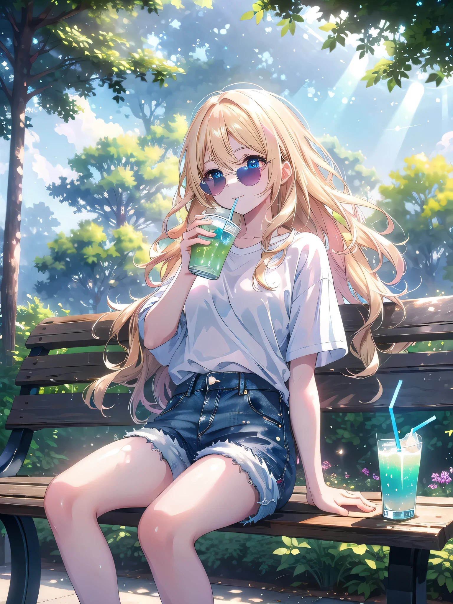((8k, Highest quality, masterpiece: 1.3)),Ultra-high resolution,(1 girl, alone), (Color changing eyes, Ultra-detailed, Expressive brilliance, Glitter, Glowing Eyes), Highly detailed eyes, Highly detailed face, Random Hair, ((pastel colour))The woman, with long, wavy blonde hair, is sitting on a park bench, enjoying a sunny afternoon. She’s dressed in a simple, white T-shirt and denim shorts, with sunglasses perched on her head. Her expression is peaceful and content as she sips on a cold drink, the sunlight filtering through the trees above. The park is lush and green, with people walking in the background, creating a relaxed, urban outdoor scene. Her blue eyes occasionally glance at the camera with a warm, inviting smile, capturing the essence of a lazy day in the park.