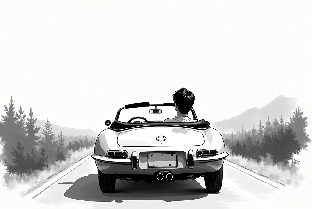 Cars are fun、Don&#39;t build a new car, build your favorite car、T-shirt design、An illustration、Rear of the car、Monochrome design、Brush writing、Handwritten style、Japanese men、Driving a convertible、Japanese style painting、