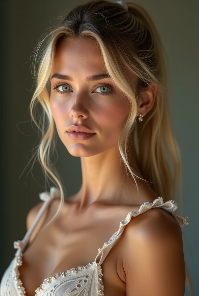 best quality, masterpiece, highres, 1 girl, 1, European girl, long blonde hair in a ponytail, jewelry, Beautiful face, photo-realistic, studio lighting, (high detailed skin:1.2), 16k uhd, dslr, soft lighting, high quality, volumetric lighting, candid, Photograph, high resolution, 16k, Bokeh, large breasts, full-length full body picture, Real Gal Gadot Face