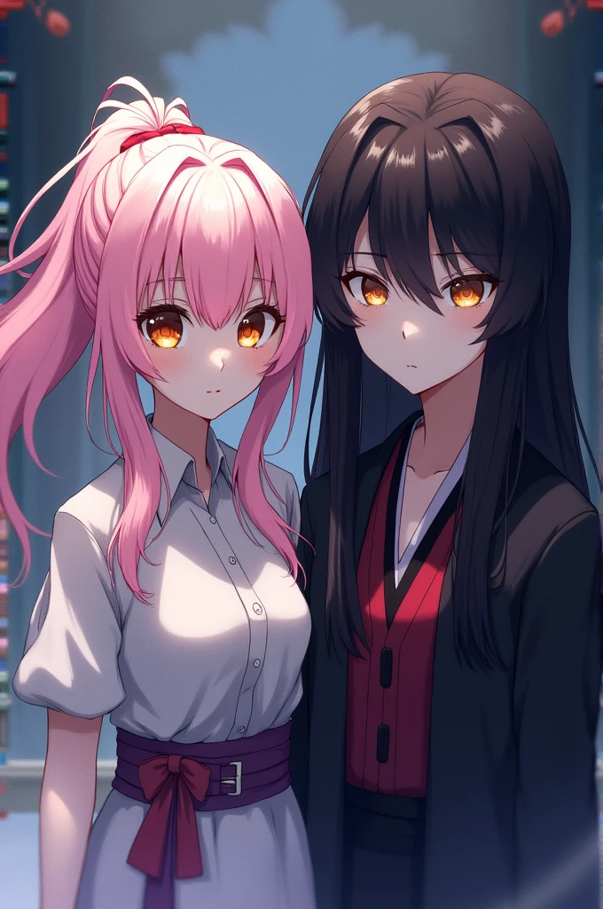 jujutsukaisen female girl with a long pink gradient white ponytail hair and beutiful round amber eyes standing next to utahime iori