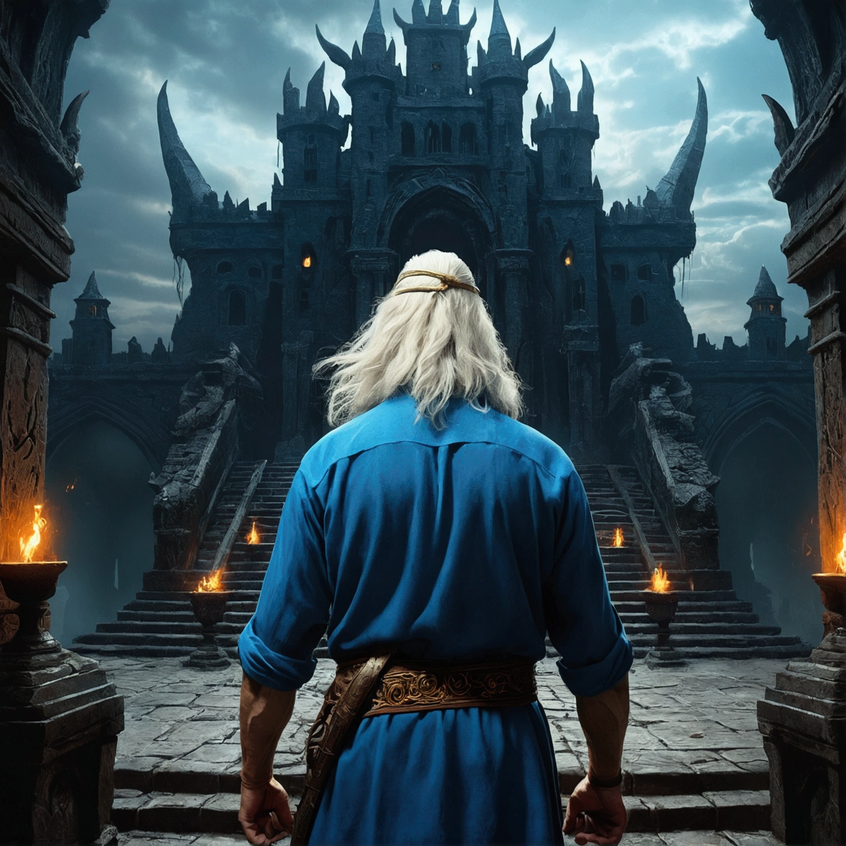 Describe the terrifying yet fascinating atmosphere of the underworld.,
From behind an old man with long white hair, wear a blue shirt with a gold pilgrimage,
In front of the terrible Demon king with the background of the terrible castle, surrounded by demons and ghosts, anton fadeev dan dan mumford, beksinski dan dan mumford, highly detailed fantasy art, dan mumford. concept art, inspired by Aleksi Briclot, hell view, and mumford and peter mohrbacher, fractal thunder and mumford, ( ( ( ( ( ( ( dan mumford)) ) ) )
