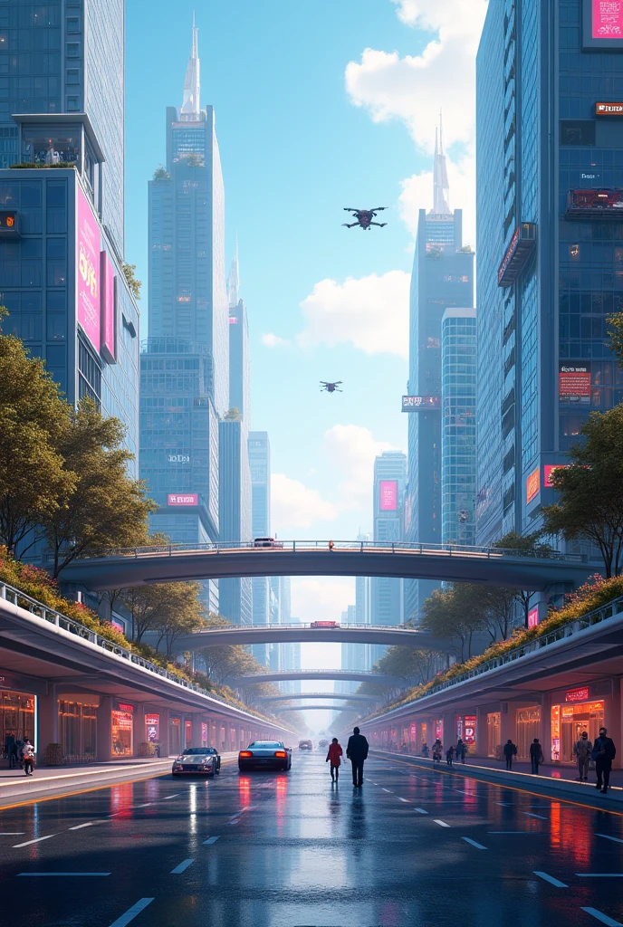 "Create an image of an extremely futuristic smart city, showcasing advanced technology and innovative design. Depict a skyline filled with towering skyscrapers featuring sleek, high-tech facades and dynamic, glowing lights. The city should be bustling with autonomous vehicles gliding smoothly on elevated roads, drones flying overhead, and pedestrians using holographic interfaces for navigation. Include elements like smart buildings with integrated green spaces, automated public transport systems, and interactive digital billboards. The streets should be clean and organized, with efficient energy sources like solar panels or wind turbines subtly integrated into the architecture. Use vibrant, neon colors and a bright, clear sky to emphasize the cutting-edge nature of the city and its harmonious blend of technology and urban life."