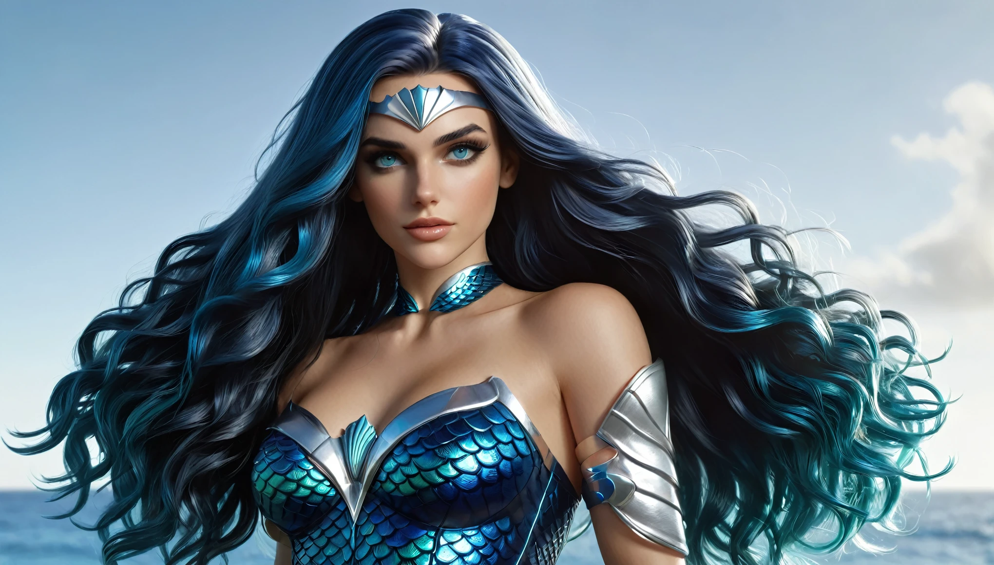 ( Masterpiece, 4k resolution, ultra-realistic, very detailed) A beautiful sexy female superhero who is a demigoddess , blue/green eyes and navy blue hair. , , She wears a blue outfit with a fish scale like texture sleeveless , she has bracelets that are silver, and has black boots with a glowing blue tint. a silver belt with a sea shell in the center, (Oceania) ( (pulling her hair back)) (semi curly hair)