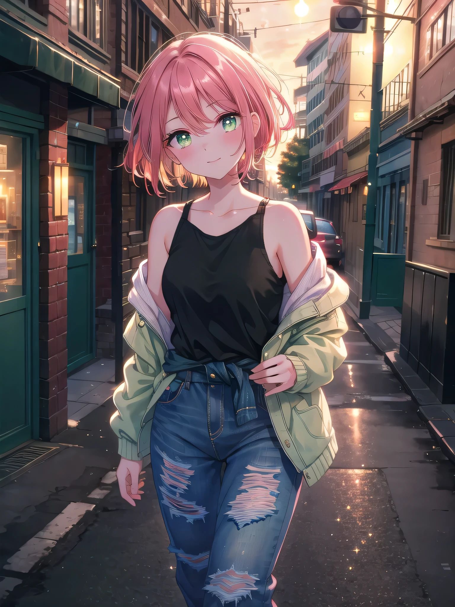 ((8k, Highest quality, masterpiece: 1.3)),Ultra-high resolution,(1 girl, alone), (Color changing eyes, Ultra-detailed, Expressive brilliance, Glitter, Glowing Eyes), Highly detailed eyes, Highly detailed face, Random Hair, ((pastel colour))The woman, with short, pixie-cut red hair, is walking down a quiet street in the evening, holding her partner’s hand. She’s dressed in a casual black tank top and distressed jeans, with a light jacket tied around her waist. Her expression is relaxed, with a slight smile as she enjoys the cool evening breeze. The street is softly lit by street lamps, with the warm glow of the setting sun in the background. Her green eyes glance at the camera with a look of contentment, capturing the simplicity of an evening stroll together.