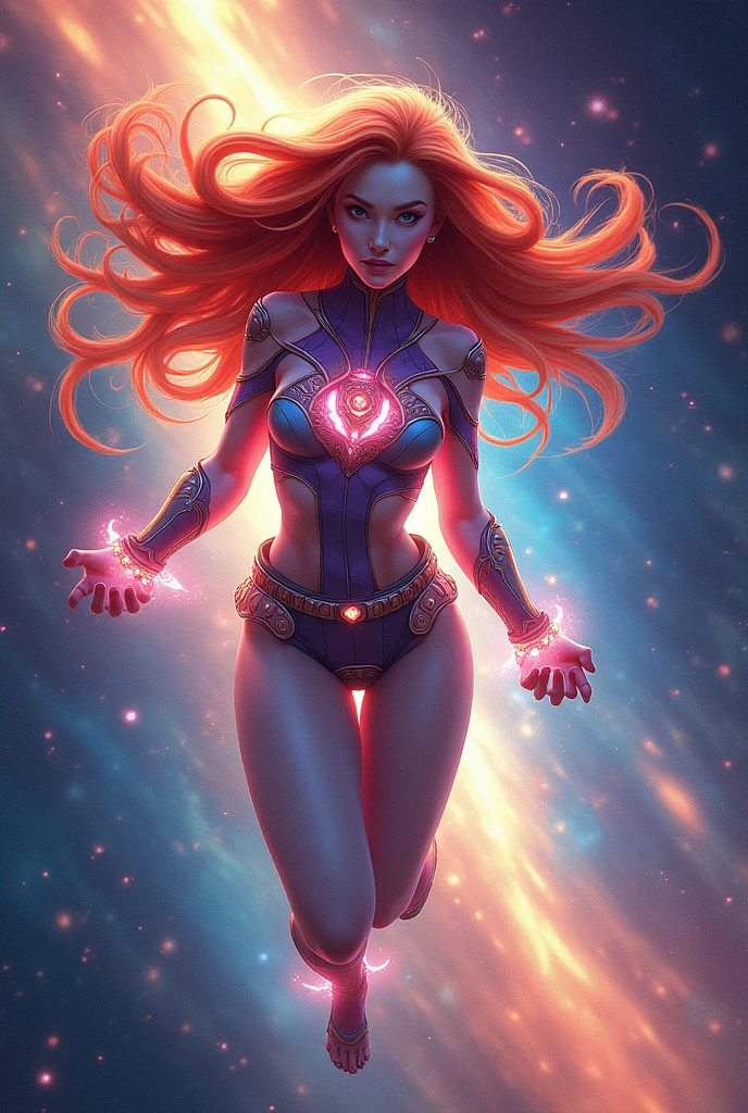 A red haired , pink skinned girl with a space rocks like body outift and a powerful aura anf flying she have a beautiful face and a long hair , have a marvel comics artstyle