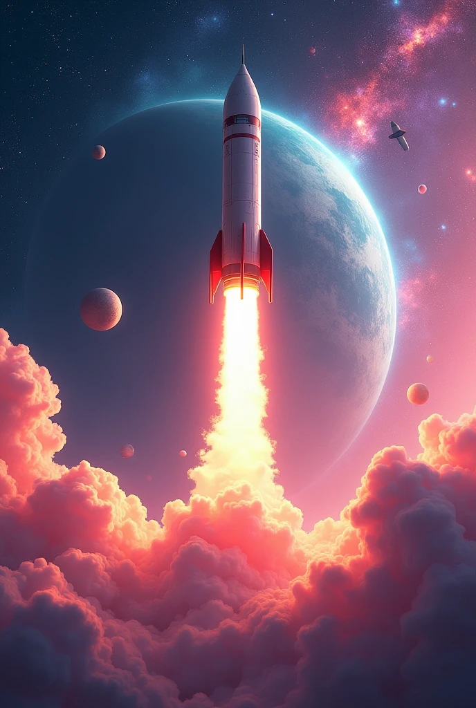 A medium size rocket going up but in the middle of the picture ,in a colorful space with planets and satellite around(in a frame of 9:16) 