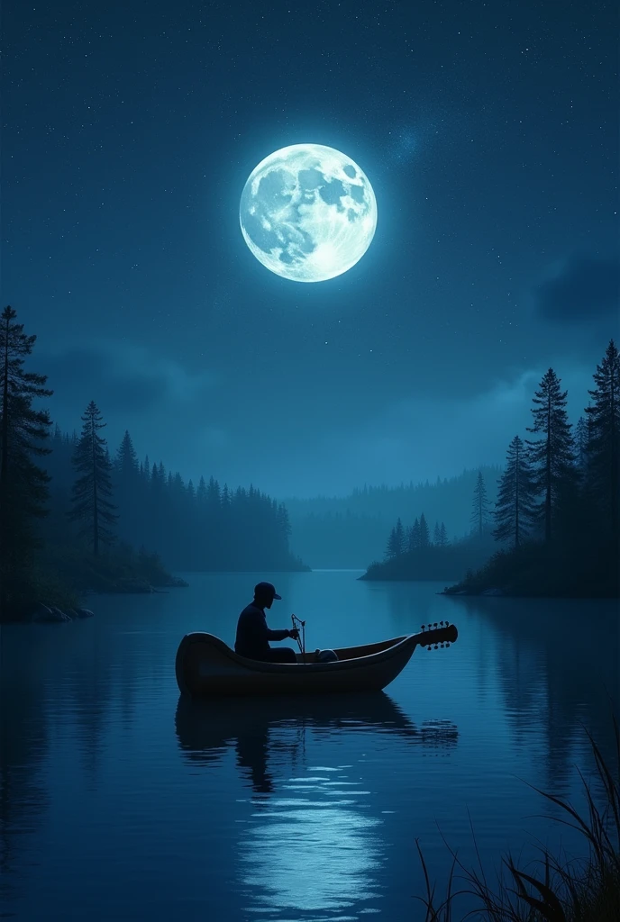 a forest at night, full moon ,big sky, lot of stars, a lake in the middle, a boat with guitar shape and a man sitting on them playing a little boat like a clarinet, realistic photography style