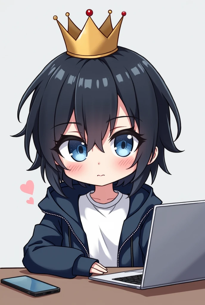 One person,Black Hair, Asymmetrical bangs, Parting the bangs,Blue Eyes,Drooping eyes,White T-shirt,Navy blue jacket,smartphone,computer,Simple background,cool,Default,Illness,Confused eyes,Distributor,Chibi Character,crown,King
