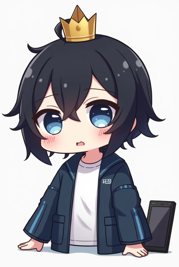 One person,Black Hair, Asymmetrical bangs, Parting the bangs,Blue Eyes,Drooping eyes,White T-shirt,Navy blue jacket,smartphone,computer,Simple background,cool,Default,Illness,Confused eyes,Distributor,Chibi Character,crown,King