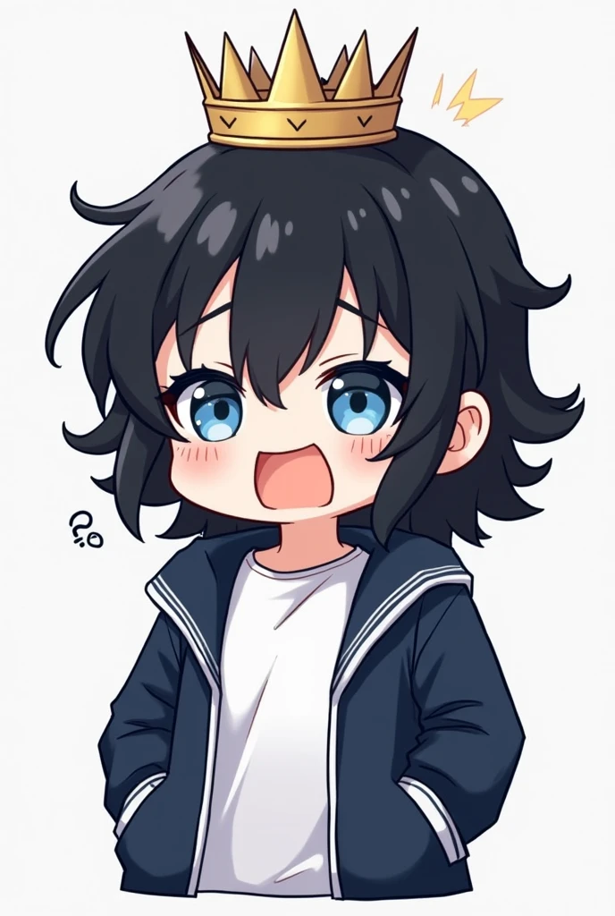 One person,Black Hair, Asymmetrical bangs, Parting the bangs,Blue Eyes,Drooping eyes,White T-shirt,Navy blue jacket,smartphone,computer,Simple background,cool,Default,Illness,Confused eyes,Distributor,Chibi Character,crown,King