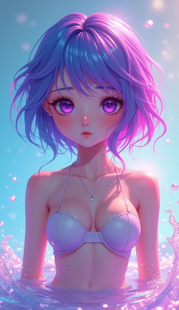 masterpiece, Highest quality, Attention to detail, Concept Art, (Japanese Manga:0.55), (Browsing Caution:0.55), Big Breasts, Flat stomach, , Short and small, Baby Face,Glowing Skin, Light Skin,Skin glows,Purple eyes,Bright colors,colorful,(((liquid paint hair:1.1))), Upper body strapless bra,Showing your belly button,Wear a T-back on the lower body, (((Bright colors))),,Skin glows,Purple eyes,Bright colors,colorful,(((liquid paint hair:1.1))) ,(((neon Purple Hair | Neon pink hair | Neon blue hair | Neon Aqua Hair | Purple Hair | Purple Hair | Fluorescent blue hair | Amethyst Hair | Neon Hair | Bright pink hair :1.5))), ((Painted,Not affected by gravity,Thick and watery),(Paint splashes:1.3), (Shiny Hair: 1.3),