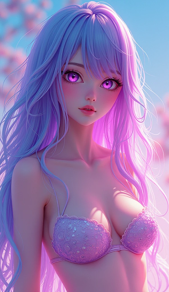 masterpiece, Highest quality, Attention to detail, Concept Art, (Japanese Manga:0.55), (Browsing Caution:0.55), Big Breasts, Flat stomach, , Short and small, Baby Face,Glowing Skin, Light Skin,Skin glows,Purple eyes,Bright colors,colorful,(((liquid paint hair:1.1))), Upper body strapless bra,Showing your belly button,Wear a T-back on the lower body, (((Bright colors))),,Skin glows,Purple eyes,Bright colors,colorful,(((liquid paint hair:1.1))) ,(((neon Purple Hair | Neon pink hair | Neon blue hair | Neon Aqua Hair | Purple Hair | Purple Hair | Fluorescent blue hair | Amethyst Hair | Neon Hair | Bright pink hair :1.5))), ((Painted,Not affected by gravity,Thick and watery),(Paint splashes:1.3), (Shiny Hair: 1.3),
