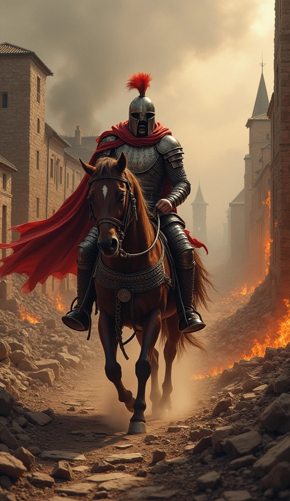 Attila the Hun, in barbarian armor, riding a warhorse through a devastated European village, with flames and destruction all around.