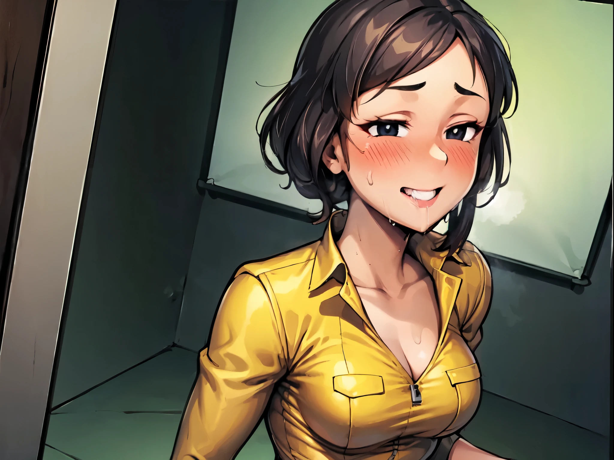 （（super high quality,Ultra-high resolution,16K,super masterpiece,Ultra HD ,Detailed shading,））A dimly lit park at night,（（３Sexy woman））,Cleavage,Yellow jumpsuit,White belt at waist,popped Tight collar,smile,blush,Sweaty,holding a microphone in his hand,A small amount of drooling,