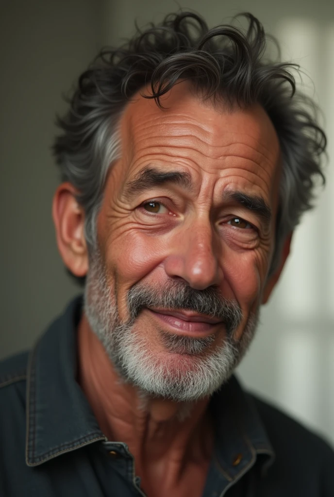 Make a picture of an older man with short, dark brown, thin curly hair who is turning 48.