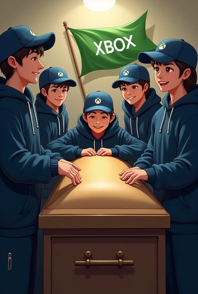 Create a realistic image of some people at a wake looking at a coffin wearing dark blue sweatpants and a blue cap with the PlayStation logo on the cap. These people are very happy and on the coffin there is a green flag with the initials XBOX..