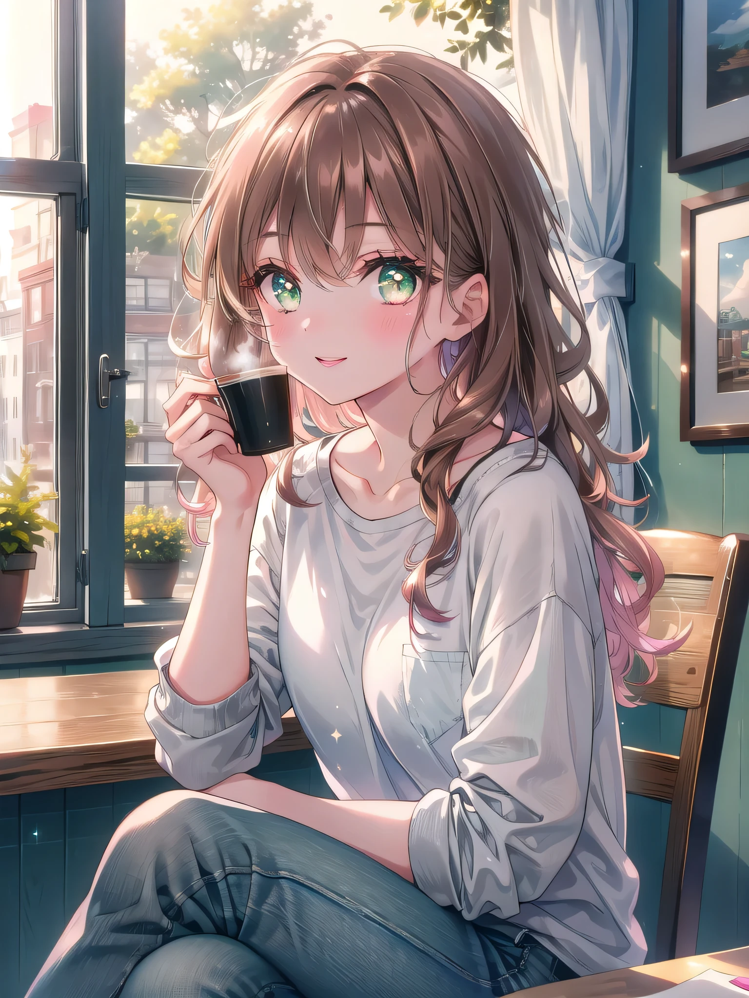 ((8k, Highest quality, masterpiece: 1.3)),Ultra-high resolution,(1 girl, alone), (Color changing eyes, Ultra-detailed, Expressive brilliance, Glitter, Glowing Eyes), Highly detailed eyes, Highly detailed face, Random Hair, ((pastel colour))The woman, with shoulder-length curly brown hair, is sitting at a small table in a cozy café, enjoying a cup of coffee. She’s dressed in a fitted grey T-shirt and high-waisted jeans, her expression content as she looks out the window. The café is filled with warm, natural light, with a soft hum of conversation in the background. Her green eyes occasionally meet the camera with a relaxed, happy smile, capturing the peacefulness of a quiet afternoon out.