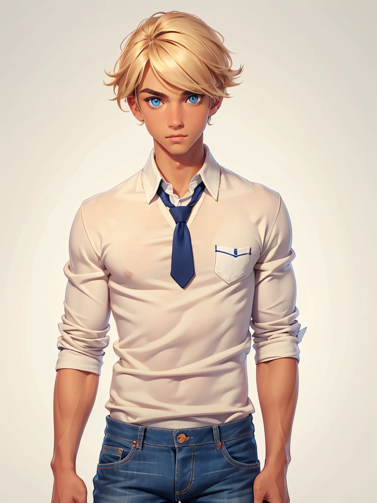 (best quality), 1boy, male, tanned skin, blonde hair, medium hair, side bangs, beautiful hairstyle, blue eyes, perfect eyes, cute face, pullover over shirt, shirt with tie, jeans, skinny body, pout, boyish, femboy, masterpiece, anatomically correct, highres