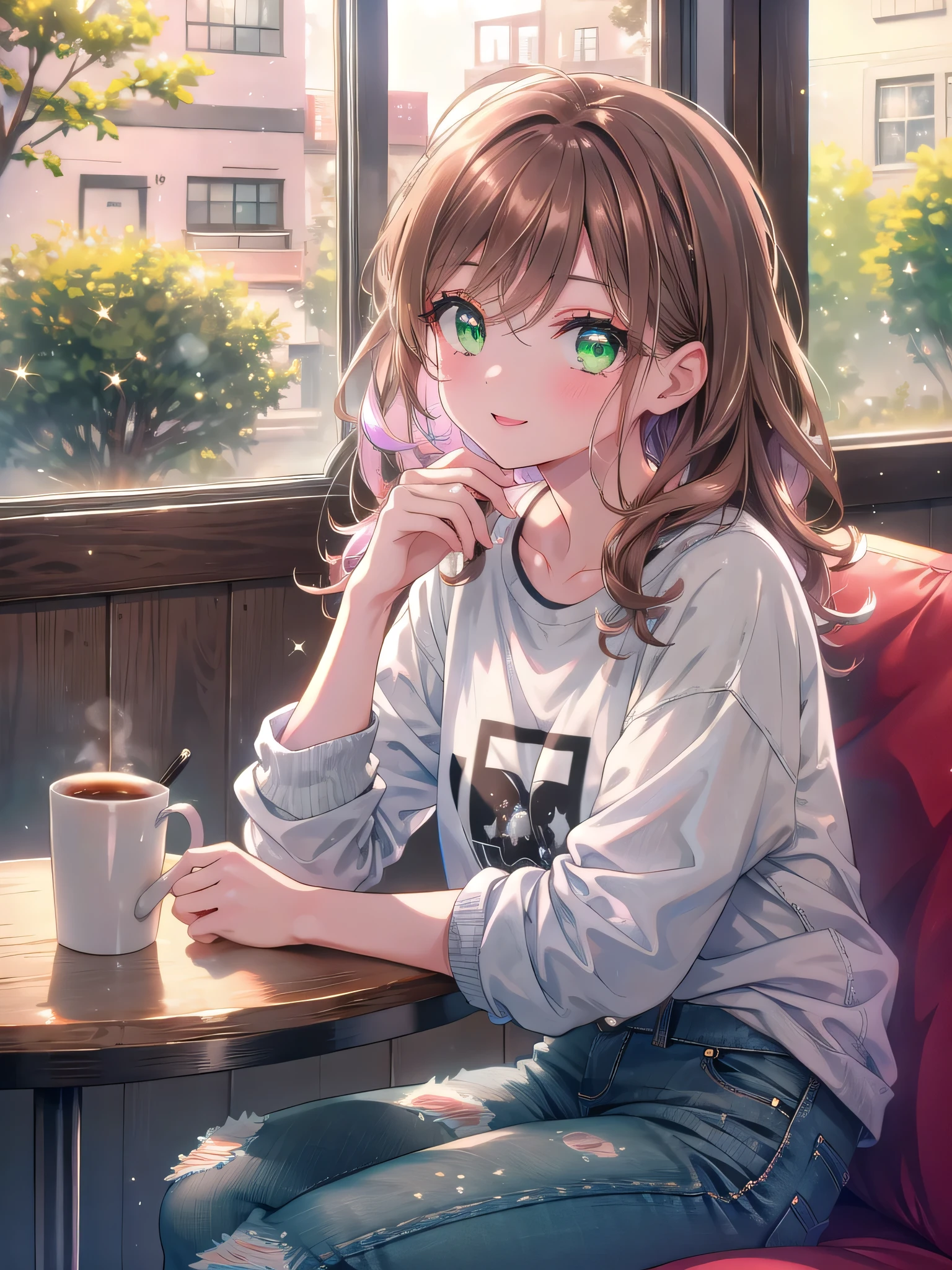 ((8k, Highest quality, masterpiece: 1.3)),Ultra-high resolution,(1 girl, alone), (Color changing eyes, Ultra-detailed, Expressive brilliance, Glitter, Glowing Eyes), Highly detailed eyes, Highly detailed face, Random Hair, ((pastel colour))The woman, with shoulder-length curly brown hair, is sitting at a small table in a cozy café, enjoying a cup of coffee. She’s dressed in a fitted grey T-shirt and high-waisted jeans, her expression content as she looks out the window. The café is filled with warm, natural light, with a soft hum of conversation in the background. Her green eyes occasionally meet the camera with a relaxed, happy smile, capturing the peacefulness of a quiet afternoon out.