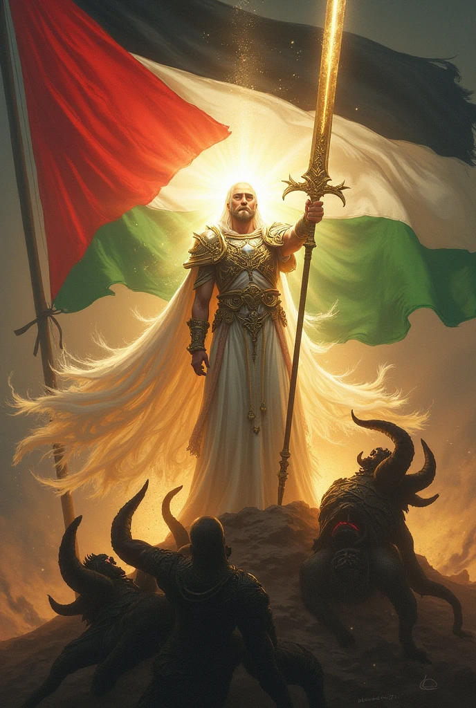 Soldat de lumière justice divine qui coupe la tête des démons sur le drapeau de Palestine le pleure des innocents