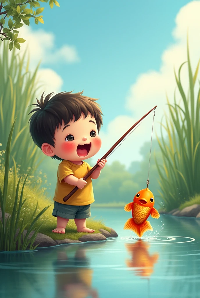 Draw me a picture , chubby boy catches gold carp when fishing