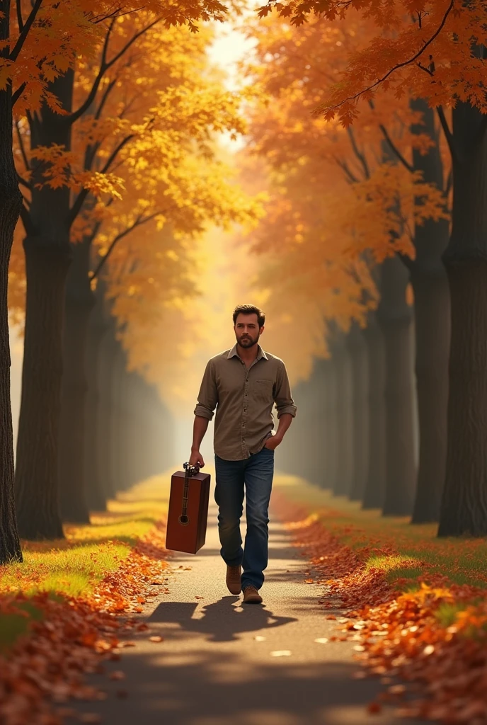  A man holding a guitar walking on the long path, 2 queue of autum leaf trees at 2 sides of the path
