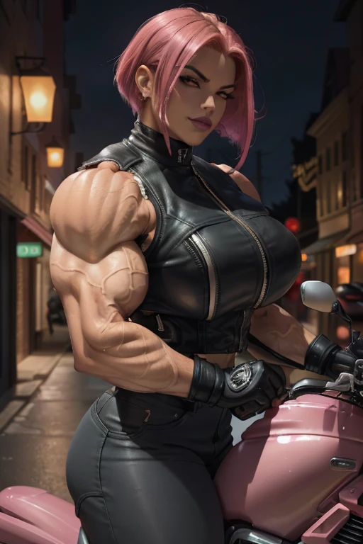 (((Close-up))), tall, (shocking pink hair) beautiful muscular woman, angled bob cut, light brown skinned, large breast, closed smile, (black lipstick), (massive muscles), (hyper muscle), ((ginormous bulky muscles)), red eyes, (((sleeveless motorcyclist jacket))), (((motorcyclist pants))), boots, choker, sneakers, in a night town,