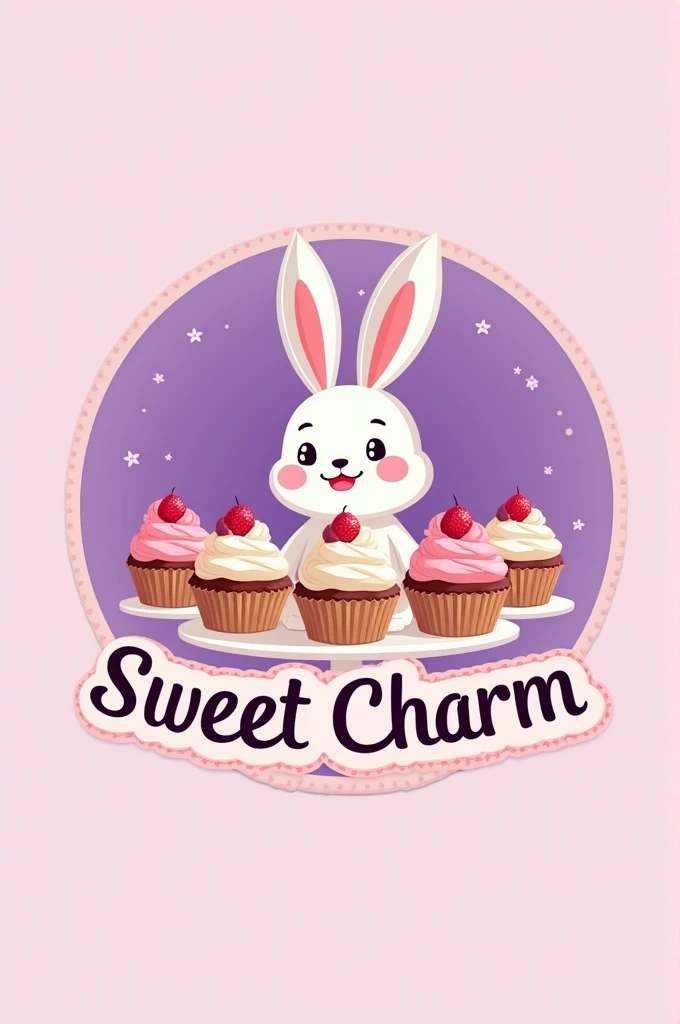 Make a bakery logo, with cupcakes with a purple background and matching shades of pink and purple, put the name Sweet charm and a rabbit.