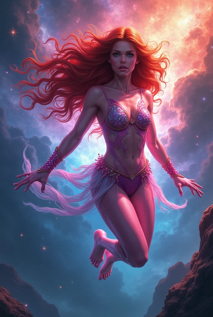 A red haired , pink skinned girl with a space rocks like body outift and a powerful aura anf flying she have a beautiful face and a long hair , have a marvel comics artstyle