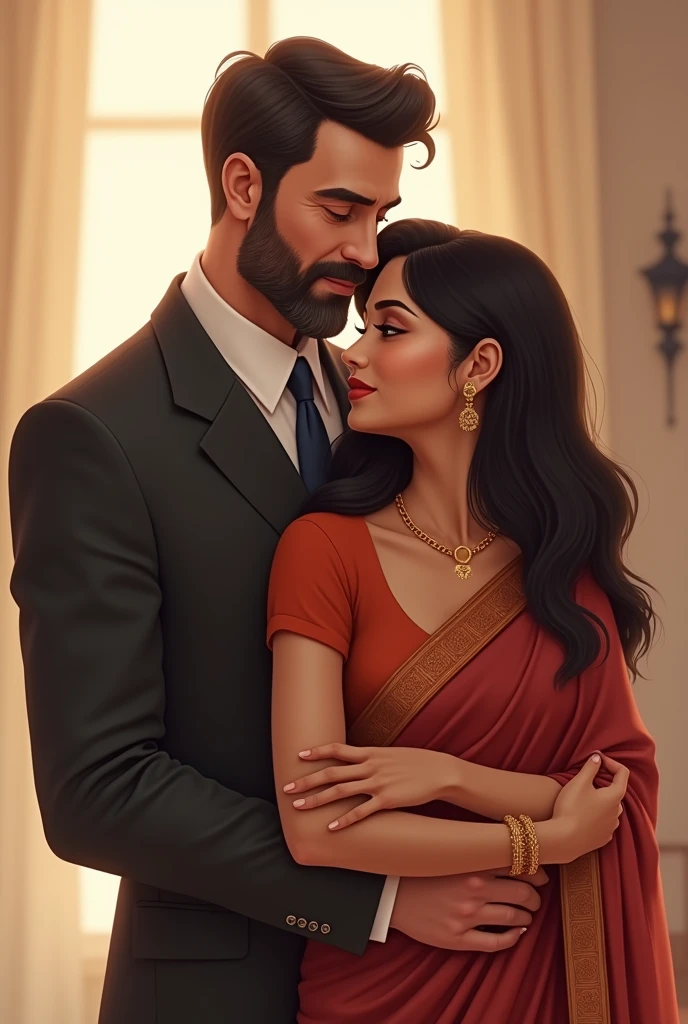 a mature man with a beard, hair should be short , dressed in a suit, standing behind a woman who is wearing a saree and blouse and looks sexy .The woman leans on his chest and hugging him while the man, with a mature and confident expression, gently embraces her from behind. The man’s appearance is distinctly mature, avoiding any childish or boyish traits. The scene captures an intimate, warm moment with soft lighting and pastel tones. The background is softly blurred, emphasizing the cozy and romantic atmosphere with a realistic . The man should have very short hair