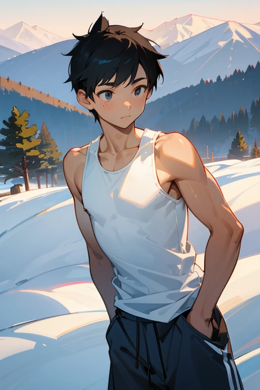 Snowy mountains in the background、An elementary school boy standing wearing a tight white Y-back tank top、The sleeve opening of the tank top is wide、tall、Handsome