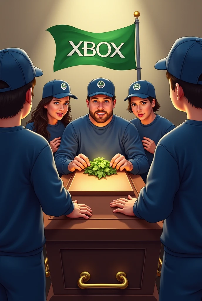 Create a realistic image of some people at a wake looking at a coffin wearing dark blue sweatpants and a blue cap with the PlayStation logo on the cap. These people are very happy and on the coffin there is a green flag with the initials XBOX..