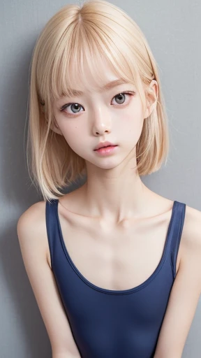 (from above:1.3),((sfw:1.5)),((sfw:1.5)),((sfw:1.5)),((sfw:1.5)),(upper Body:1.5), Korean Asian Teenager Photos、((Beautiful and cute idol 2girl:1.5))、Platinum Blonde red Hair、11yo,Narrow eyes:1.5、Thin face、Thin neck、((Slim body)),((skinny):1.5),((Flat chest:1.5)),((clavicle)),((small Narrow eyes:1.5))、(Thin arms)、(Thin neck)、(Thin lips)、A small smile、Thin arms、(Dark blue school swimsuit:1.5),