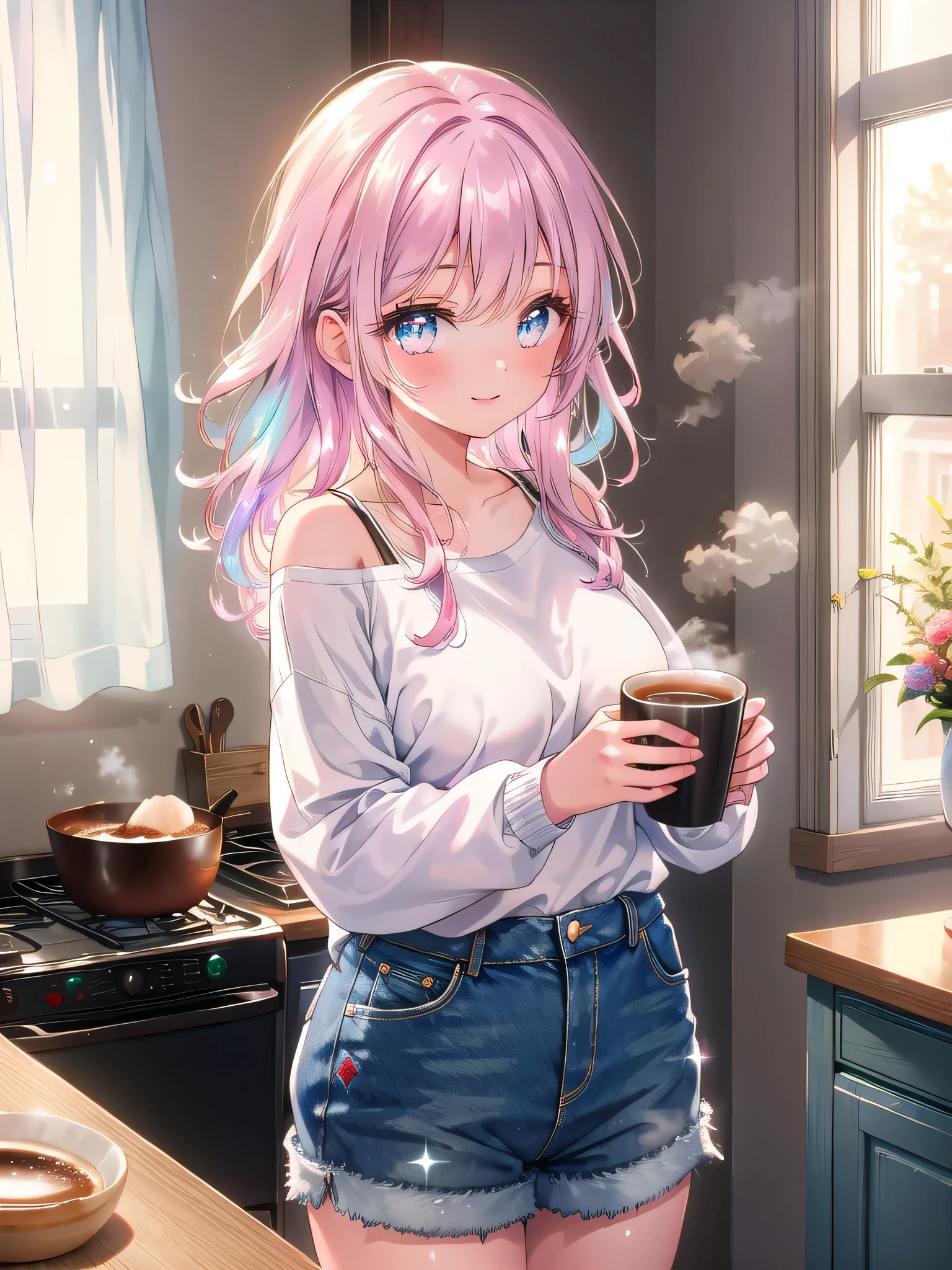 ((8k, Highest quality, masterpiece: 1.3)),Ultra-high resolution,(1 girl, alone), (Color changing eyes, Ultra-detailed, Expressive brilliance, Glitter, Glowing Eyes), Highly detailed eyes, Highly detailed face, Random Hair, ((pastel colour))A charming woman in her cozy, modern apartment, wearing an oversized white T-shirt that casually falls off one shoulder, paired with snug denim shorts. The morning light softly filters through the sheer curtains, illuminating the room with a gentle glow. She stands by the kitchen counter, holding a steaming cup of coffee in both hands, with a warm smile on her lips. Her eyes, filled with affection, gaze directly at the camera, which is held by her boyfriend. Her slightly tousled hair adds to her natural beauty, and she playfully leans forward, resting her elbows on the counter, as if inviting him to join her for a cozy morning together.