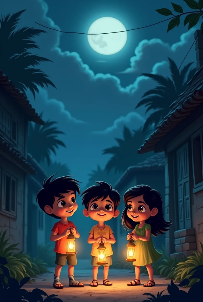 *Image Prompt:* "Three close friends—Ravi, Monu, and Sakshi—are standing together in a small, quiet Indian village. It’s night, and the village is in darkness due to a power outage. The children are shown with curious and adventurous expressions, holding small lanterns or torches to light their way. The narrow village lanes are barely visible in the dim light, with traditional houses and trees casting long shadows. The moon is partially covered by clouds, adding a mysterious and slightly eerie atmosphere to the scene."