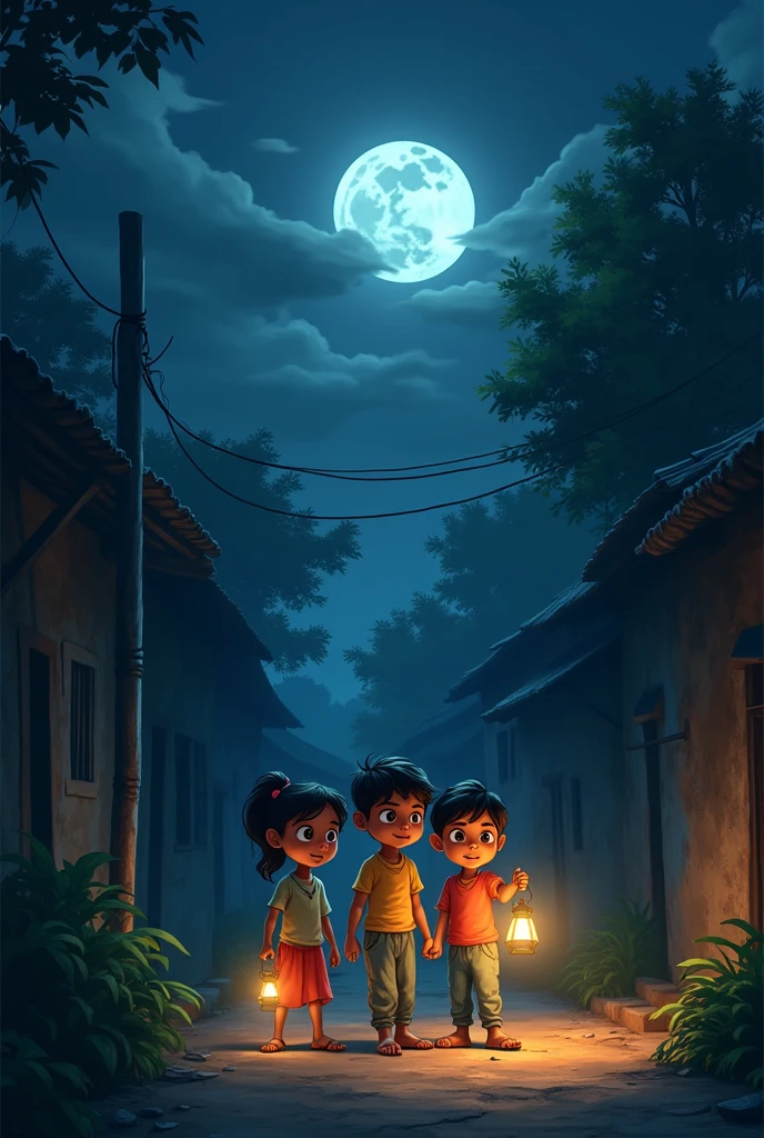 *Image Prompt:* "Three close friends—Ravi, Monu, and Sakshi—are standing together in a small, quiet Indian village. It’s night, and the village is in darkness due to a power outage. The children are shown with curious and adventurous expressions, holding small lanterns or torches to light their way. The narrow village lanes are barely visible in the dim light, with traditional houses and trees casting long shadows. The moon is partially covered by clouds, adding a mysterious and slightly eerie atmosphere to the scene."
