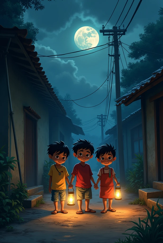 *Image Prompt:* "Three close friends—Ravi, Monu, and Sakshi—are standing together in a small, quiet Indian village. It’s night, and the village is in darkness due to a power outage. The children are shown with curious and adventurous expressions, holding small lanterns or torches to light their way. The narrow village lanes are barely visible in the dim light, with traditional houses and trees casting long shadows. The moon is partially covered by clouds, adding a mysterious and slightly eerie atmosphere to the scene."