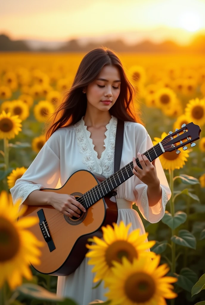 A woman playing guitar in sunflower field, wearing white kebaya, indonesian face, black long hair, full body, hyper realistic, best photography,