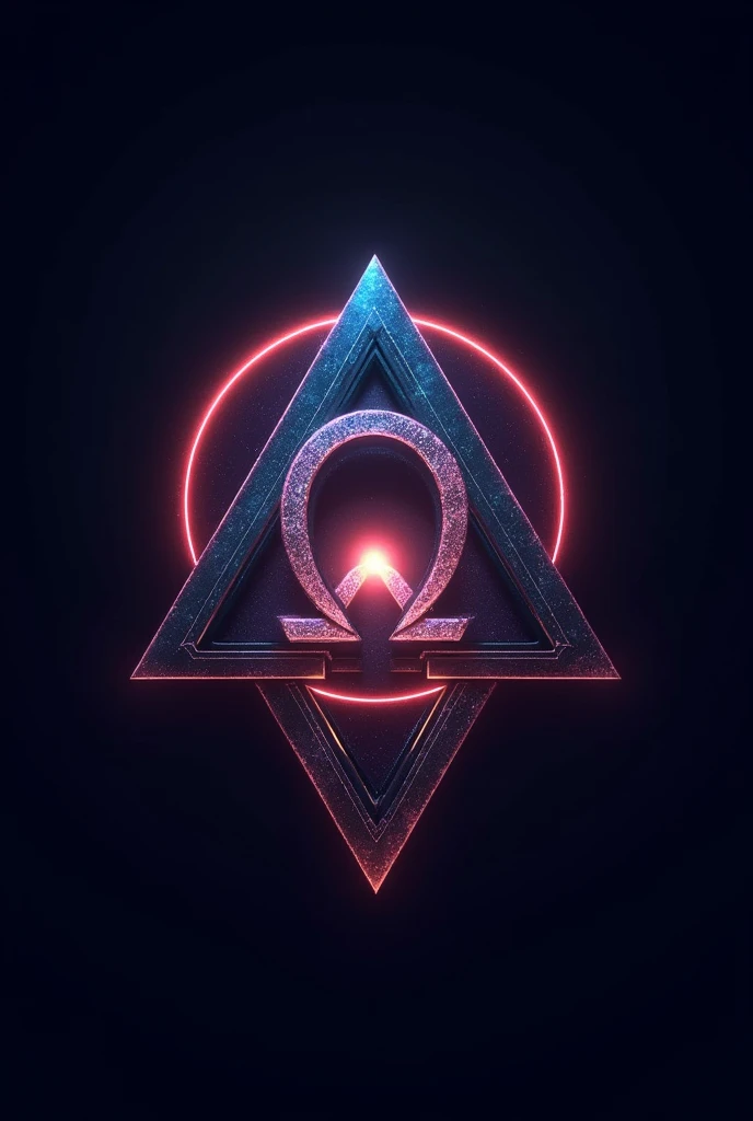 create a logo with an omega symbol inside a triangle that is inside a circle. The appearance of the omega symbol is of a shining appearance. There is a small infinity symbol in the center of the omega symbol., the infinity symbol appears to contain the entire color spectrum, giving an imposing appearance