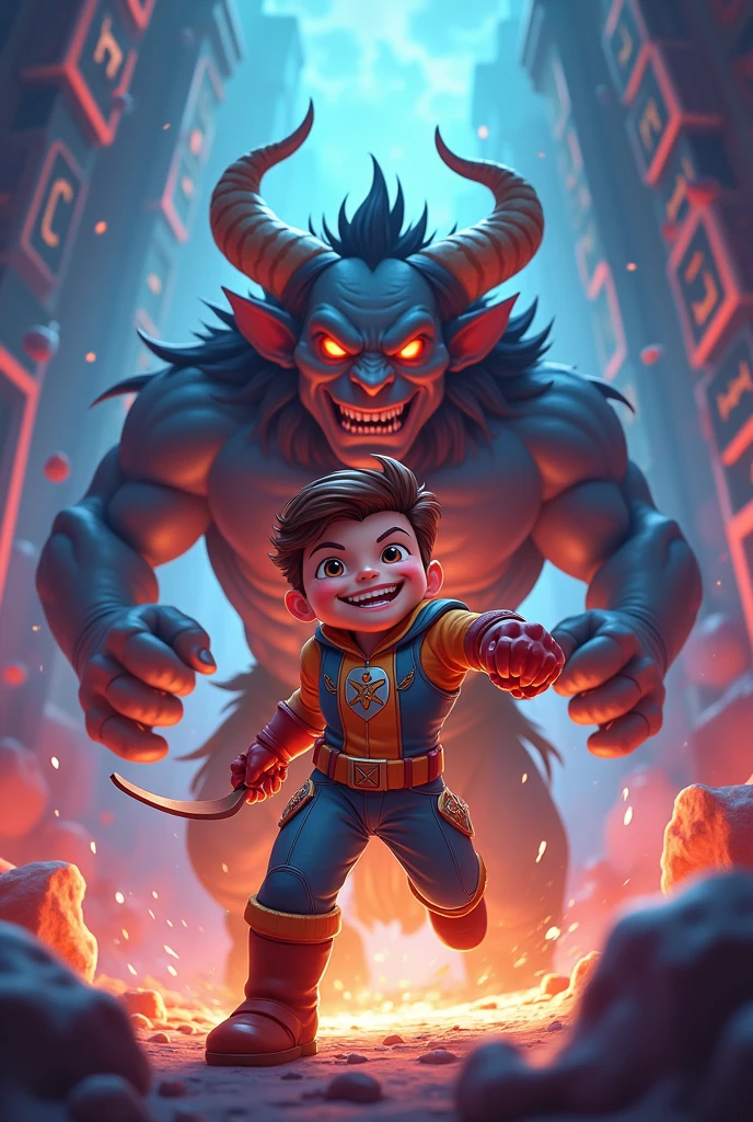 Make me a cute cartoon hero fighting a big scary demon