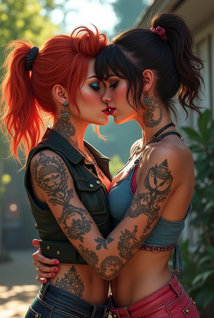 score_9, score_8_up, score_7_up, 2females, 1female, long hair, ginger, blue eyes, house backyard, singing, rock-punk outfit, boots, tattoos, naked, hairy pussy, perky nipples, 1female, brunette, spit on mouth, grabbing hair, cunnilingus, licking clitoris (((yes nsfw)))