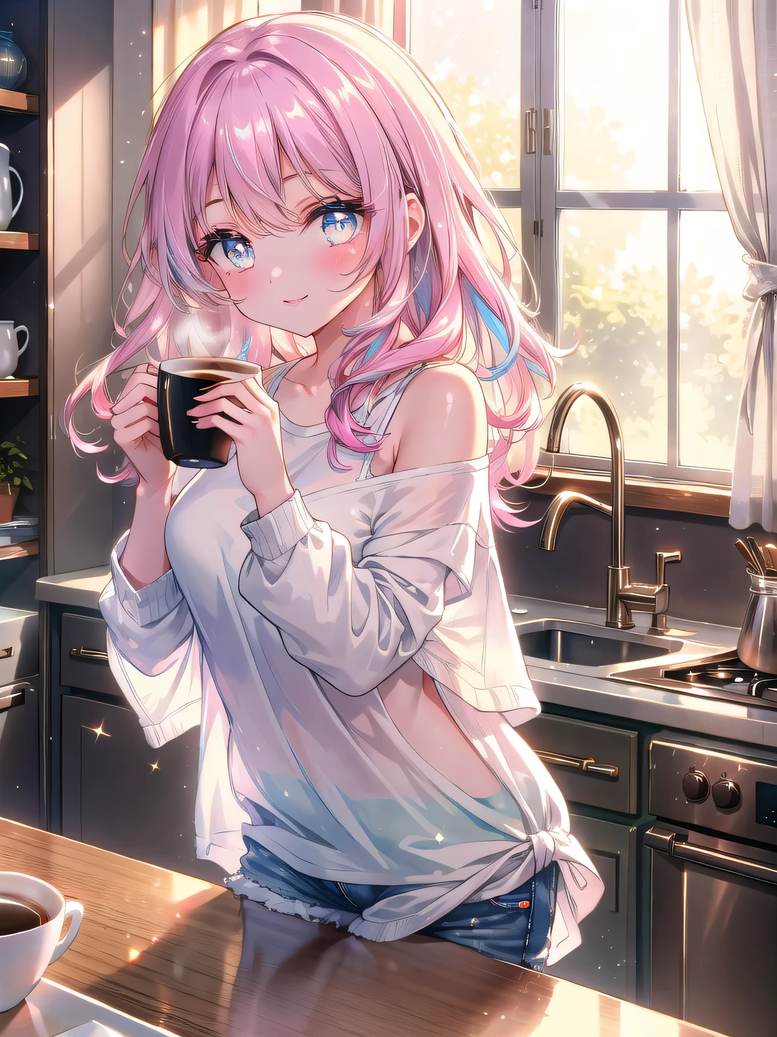 ((8k, Highest quality, masterpiece: 1.3)),Ultra-high resolution,(1 girl, alone), (Color changing eyes, Ultra-detailed, Expressive brilliance, Glitter, Glowing Eyes), Highly detailed eyes, Highly detailed face, Random Hair, ((pastel colour))A charming woman in her cozy, modern apartment, wearing an oversized white T-shirt that casually falls off one shoulder, paired with snug denim shorts. The morning light softly filters through the sheer curtains, illuminating the room with a gentle glow. She stands by the kitchen counter, holding a steaming cup of coffee in both hands, with a warm smile on her lips. Her eyes, filled with affection, gaze directly at the camera, which is held by her boyfriend. Her slightly tousled hair adds to her natural beauty, and she playfully leans forward, resting her elbows on the counter, as if inviting him to join her for a cozy morning together.