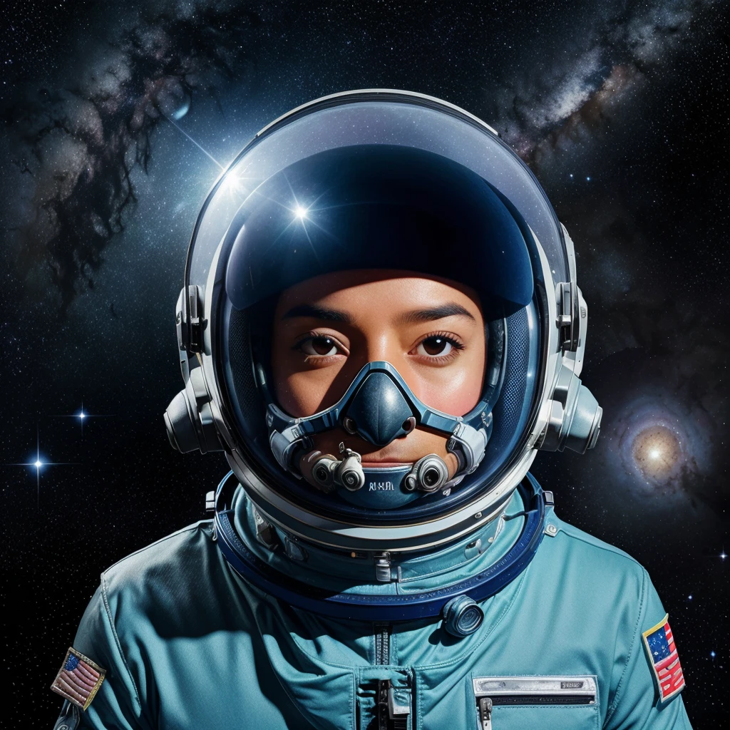 portrait of a koala in astronaut suit, NASA inspired, blue-white space helmet, shining stars, nebulae, galaxy background, detailed space suit, reflector visor, cute expression, Australian flag patch, zero gravity, floating eucalyptus leaves, astro-kitty- Koala, Jean-Michel Basquiat style, comic book illustration