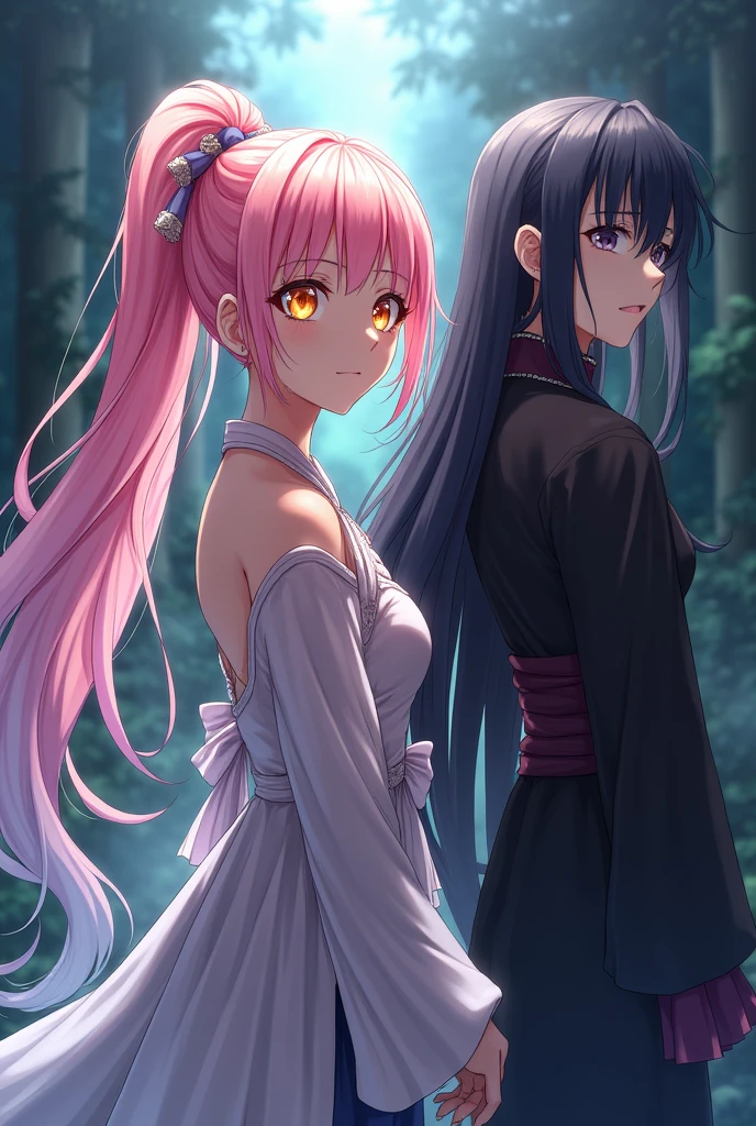 jujutsukaisen female girl with a long pink gradient white ponytail hair and beutiful round amber eyes standing next to utahime iori