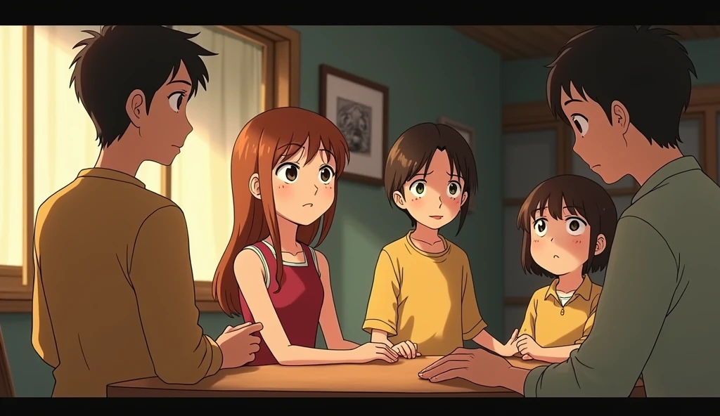Create an emotionally tense scene in the style of Studio Ghibli. The parents briefly scold Sofia, who looks down with a somewhat regretful but indifferent expression. In the background, Clara appears devastated, with her posture slumped in despair. After a few days, the scene changes to show the parents calmly discussing the situation as if it were inevitable, with the parents saying that it would be cruel to separate 'the loving couple'. Sofia is now next to Clara's boyfriend, smiling softly. The environment should be warm and welcoming, with warm lighting contrasting the emotional tension, capturing both the calm indifference and the underlying heartbreak.studio ghibli art style.studio ghibli art style.studio ghibli art style.art style from studio ghibli